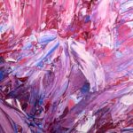 Dynamic abstract painting with vivid pink and purple hues, showcasing textured brush strokes.