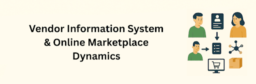 A digital illustration showing vendors, customer profiles, checklists, network nodes, and e-commerce elements under the title “Vendor Information System & Online Marketplace Dynamics.